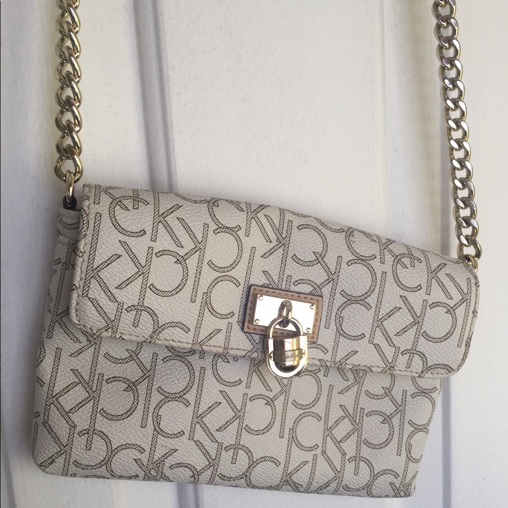 Calvin Klein Monogram Tan and White Crossbody